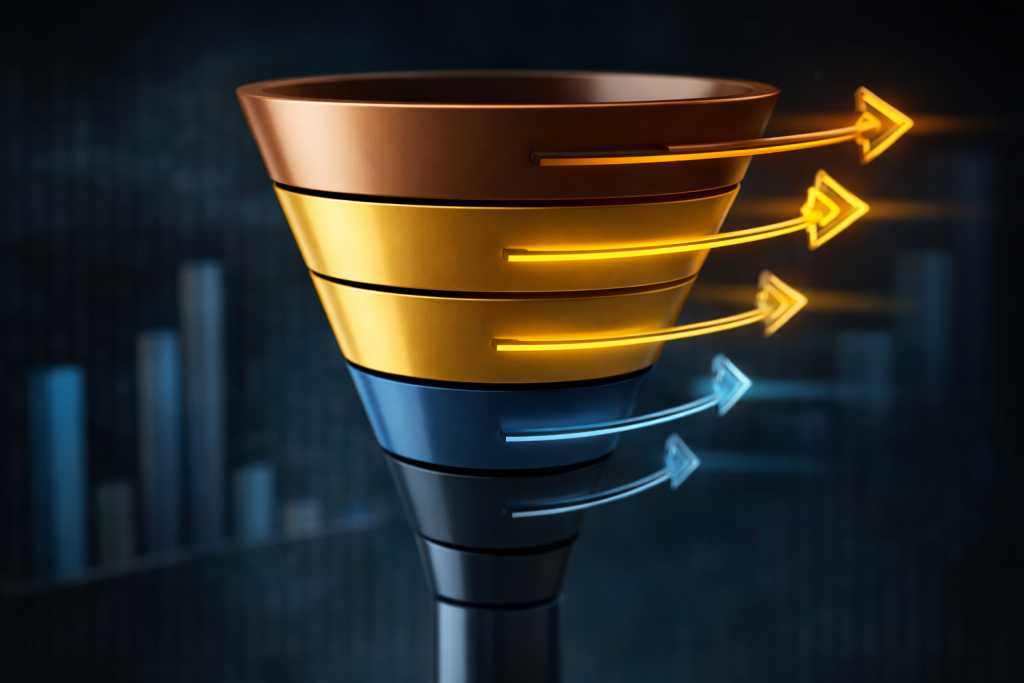 Funnel B2B in blu, nero, oro e bronzo che rappresenta l’ottimizzazione del processo di vendita e la conversione nel commercio elettronico aziendale