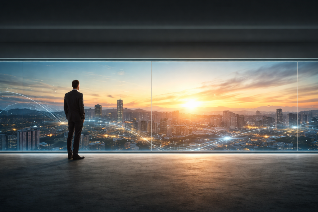 Imprenditore che osserva la città dall’alto in un ufficio moderno, simbolo di visione strategica e crescita digitale nel commercio B2B