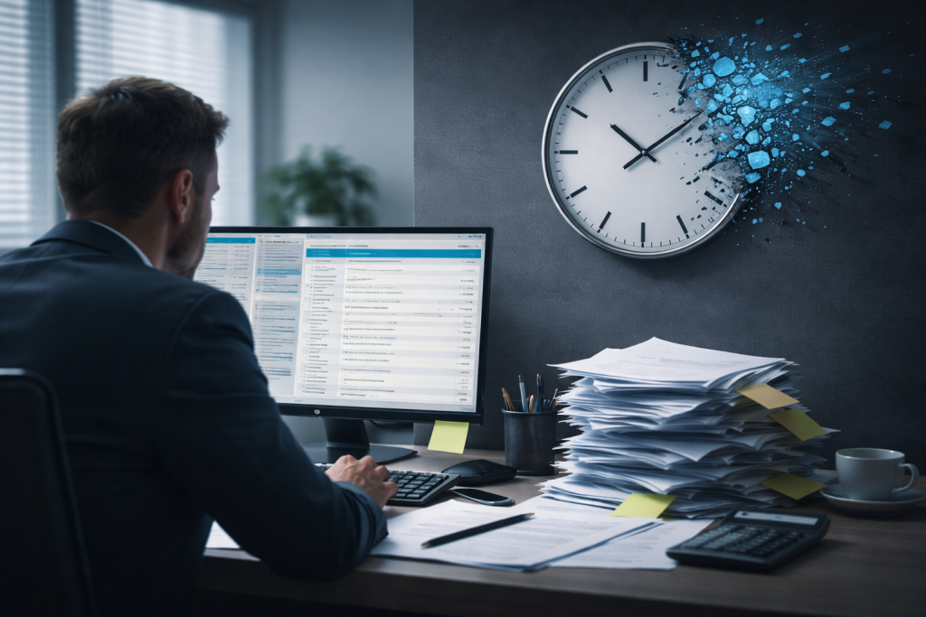 Imprenditore al lavoro con orologio che si sgretola, simbolo della perdita di tempo e margine senza un eCommerce B2B strutturato