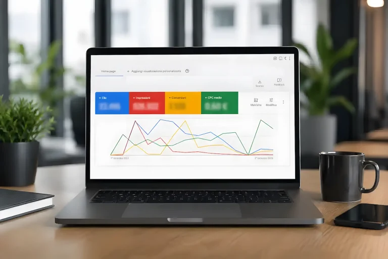 Dashboard Google Ads visualizzata su laptop per campagne pubblicitarie nel settore carpenteria pesante